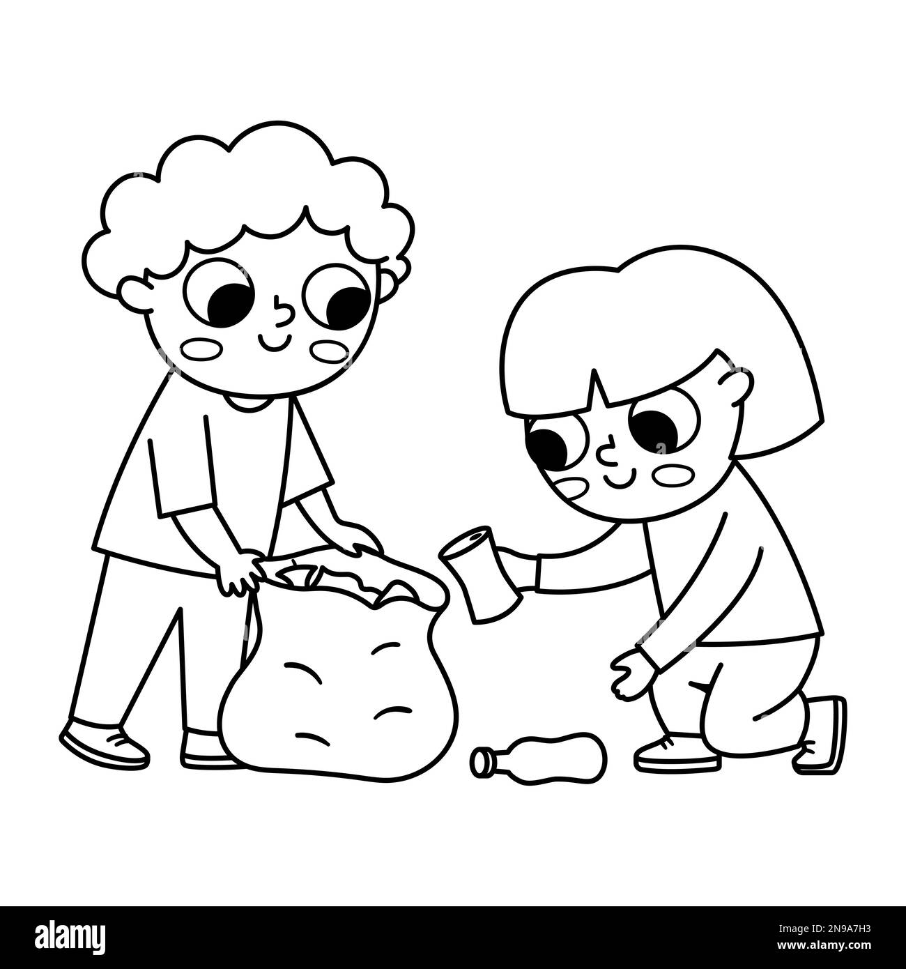 Cute Black And White Eco Friendly Kids Collecting Waste Boy Girl cute-black-and-white-eco-friendly-kids-collecting-waste-boy-girl