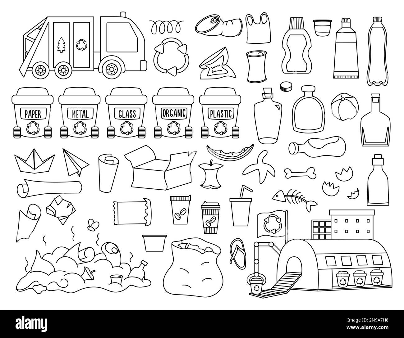 Waste recycling and sorting black and white collection. Vector ecological line set for kids. Earth day illustration with rubbish bins, garbage, recycl Stock Vector