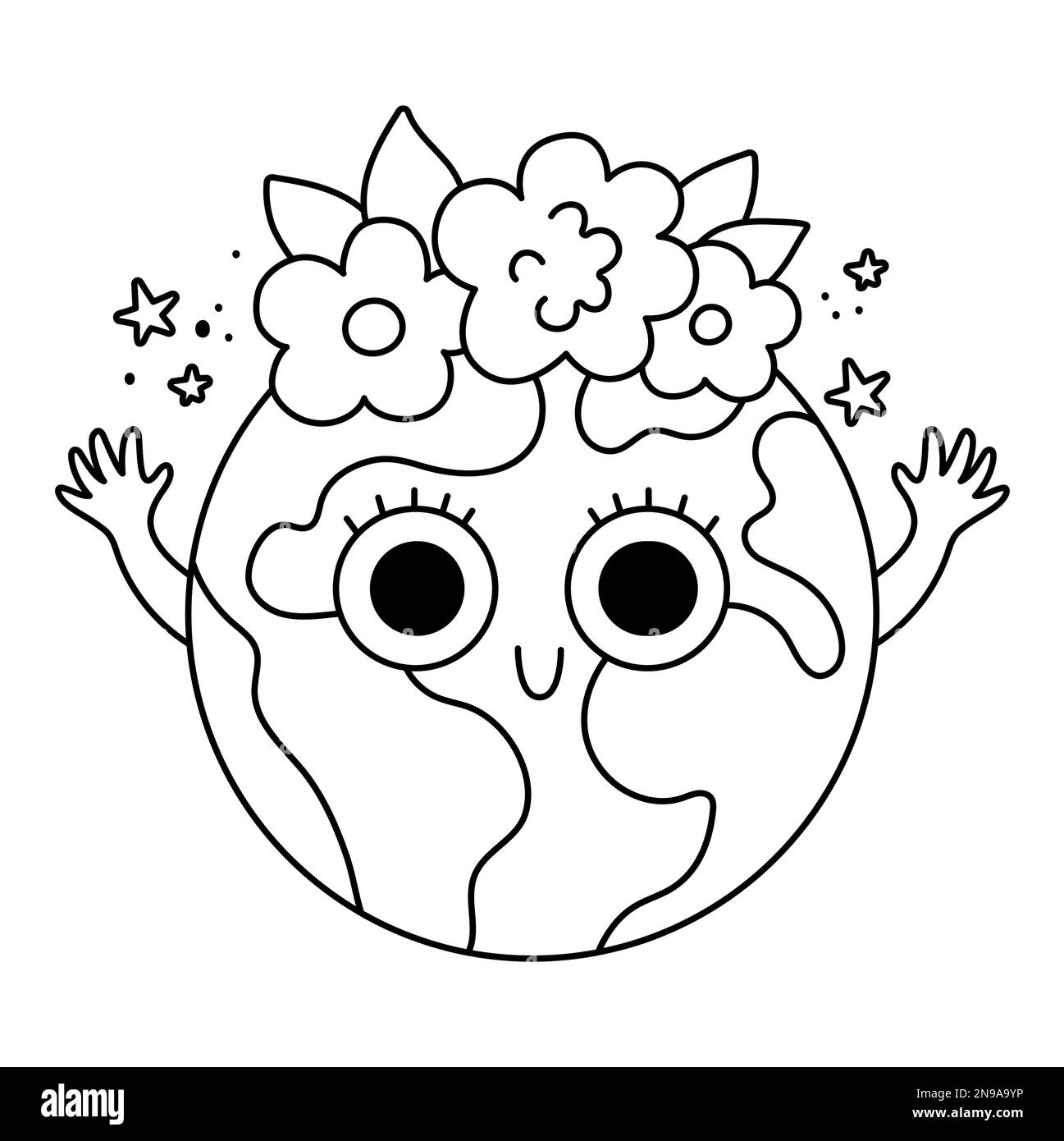 Vector black and white earth for kids. Earth day line illustration with