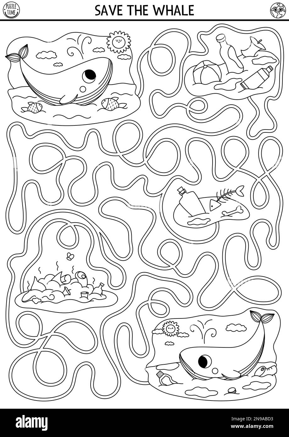 Ecological black and white maze for children with animal Save the whale game. Earth day preschool activity. awareness labyrint Stock Vector Image & Art -