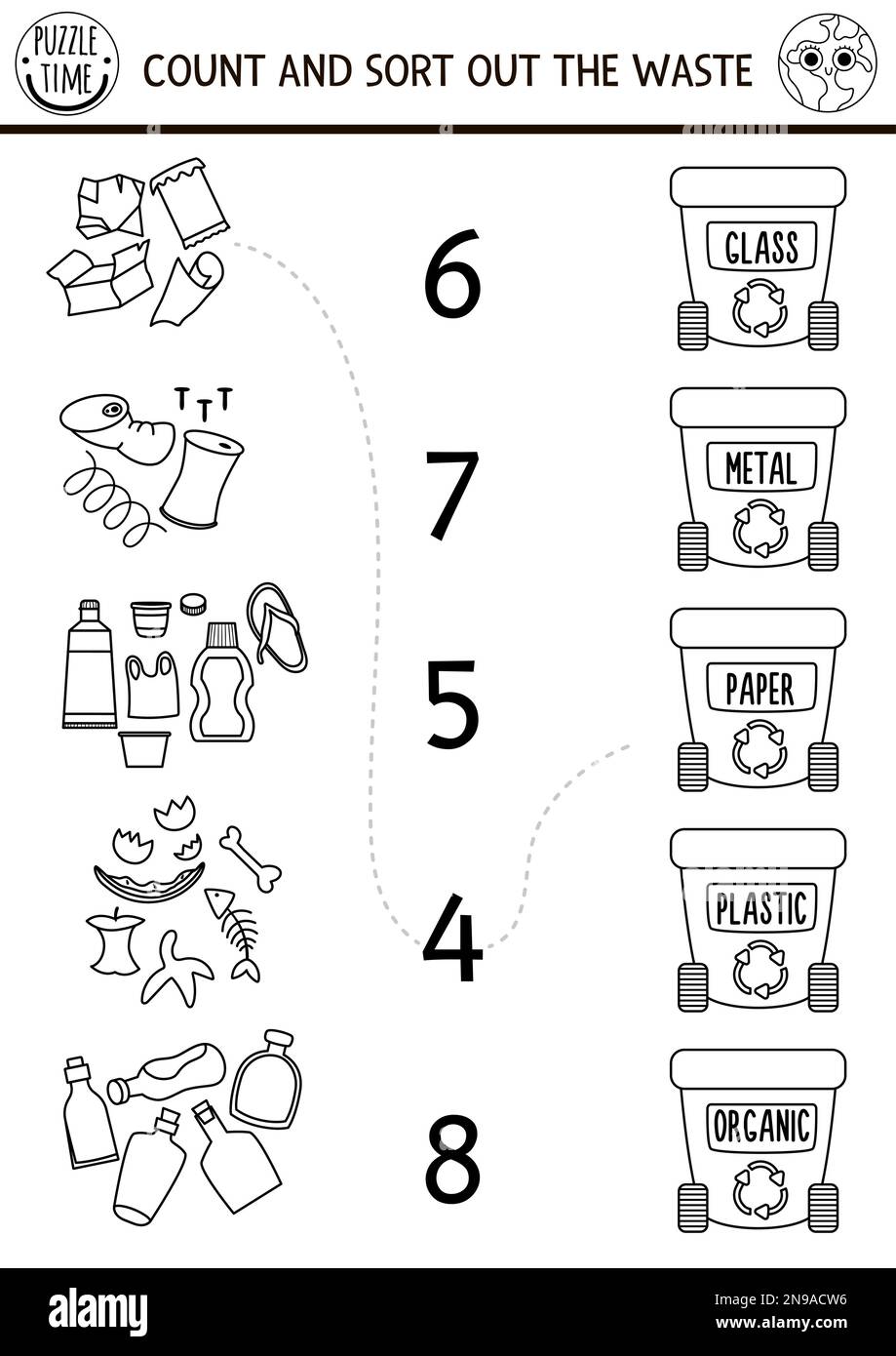 Match the numbers black and white ecological game with garbage, rubbish