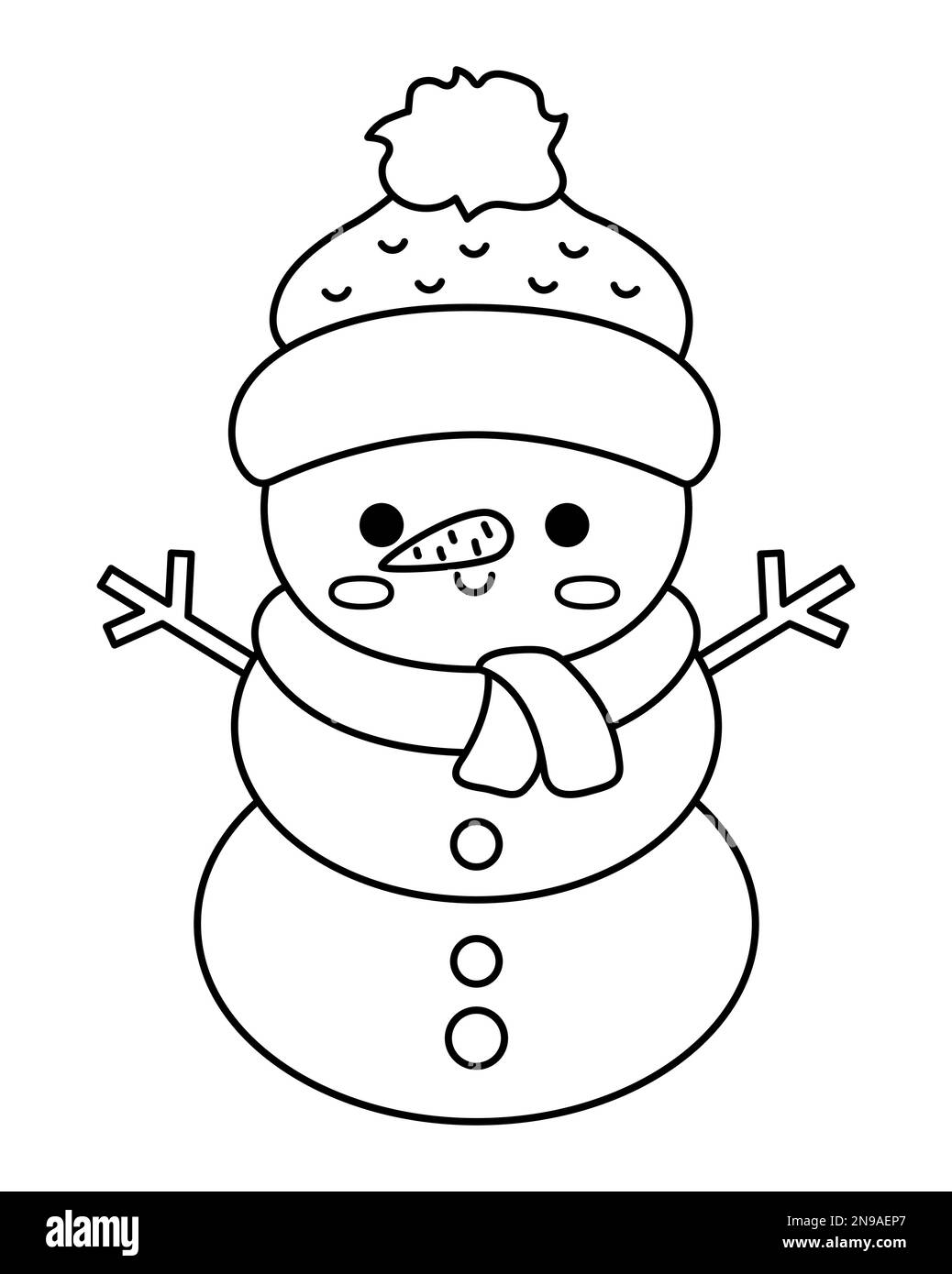 Vector black and white kawaii snowman in hat and scarf. Cute Christmas
