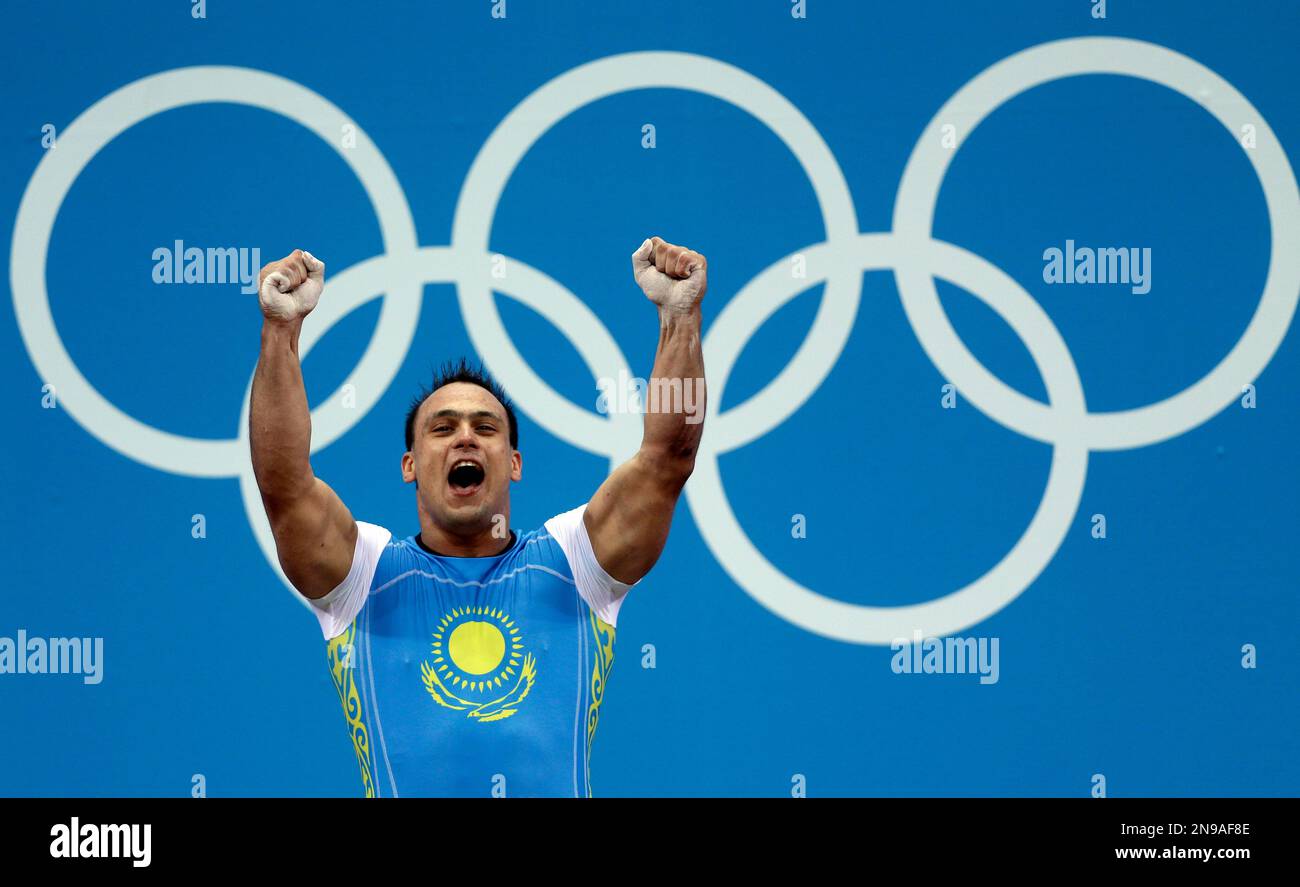 Kazakhstan's Ilya Ilyin reacts after a world record 233-kg clean-and-jerk  lift during the men's 94-kg, group A, weightlifting competition at the 2012  Summer Olympics, Saturday, Aug. 4, 2012, in London. (AP Photo/Mike