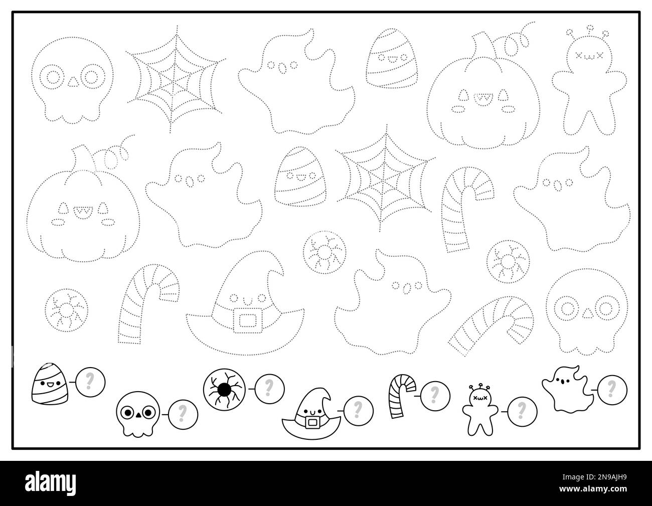 Halloween tracing worksheet with traditional holiday characters. Trace