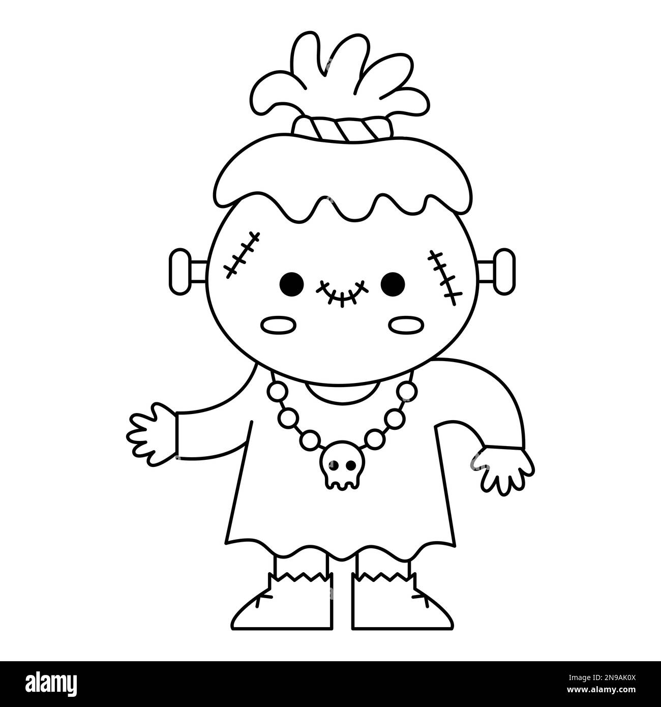 Vector black and white kawaii zombie. Cute smiling Halloween line