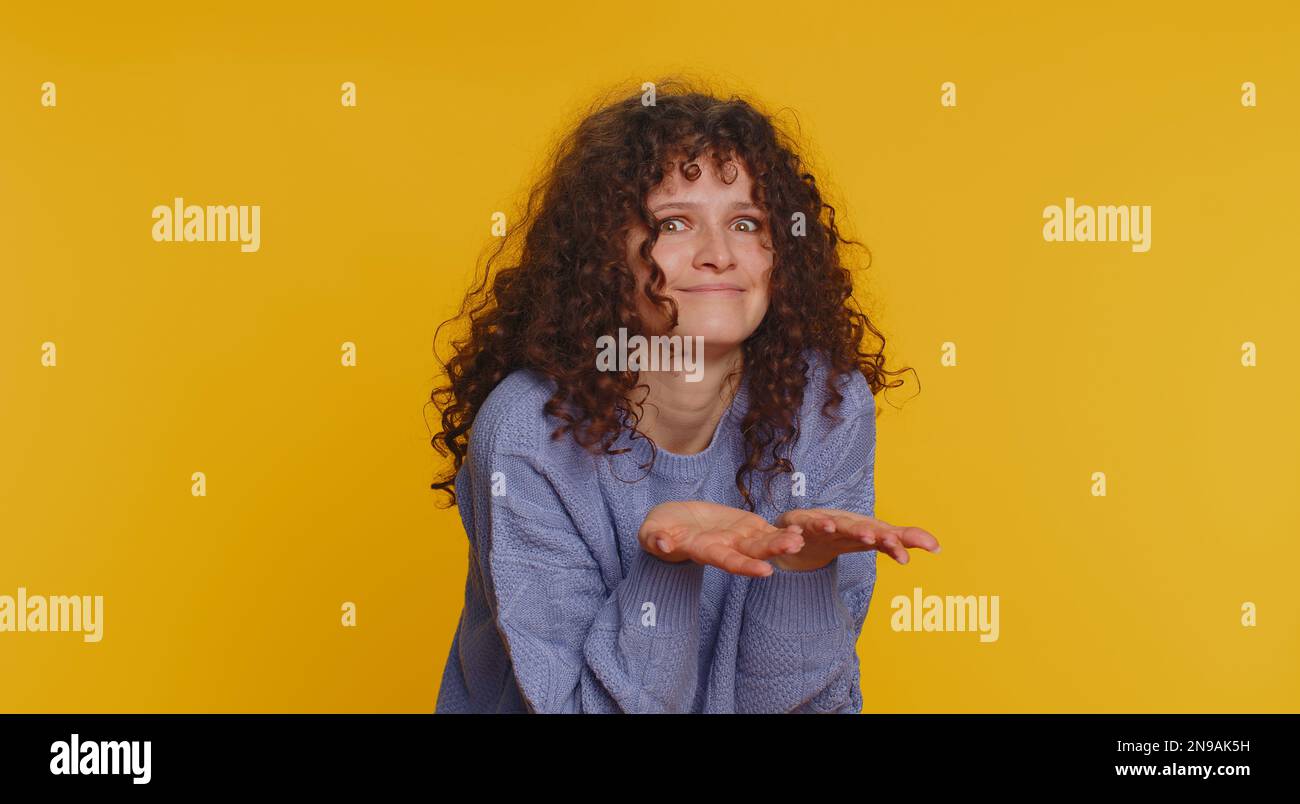 Woman raising hands asking what why reason of failure, demonstrating ...