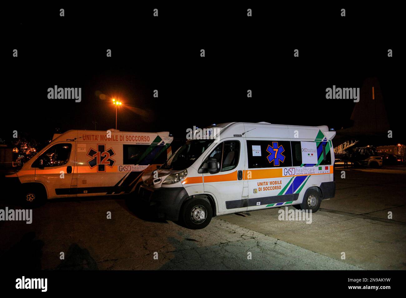 Beirut, Lebanon. 11th Feb, 2023. Ambulances offered by Italy to quake-hit Syria arrive at Beirut Rafic Hariri International Airport, Lebanon, Feb. 11, 2023. Credit: Bilal Jawich/Xinhua/Alamy Live News Stock Photo