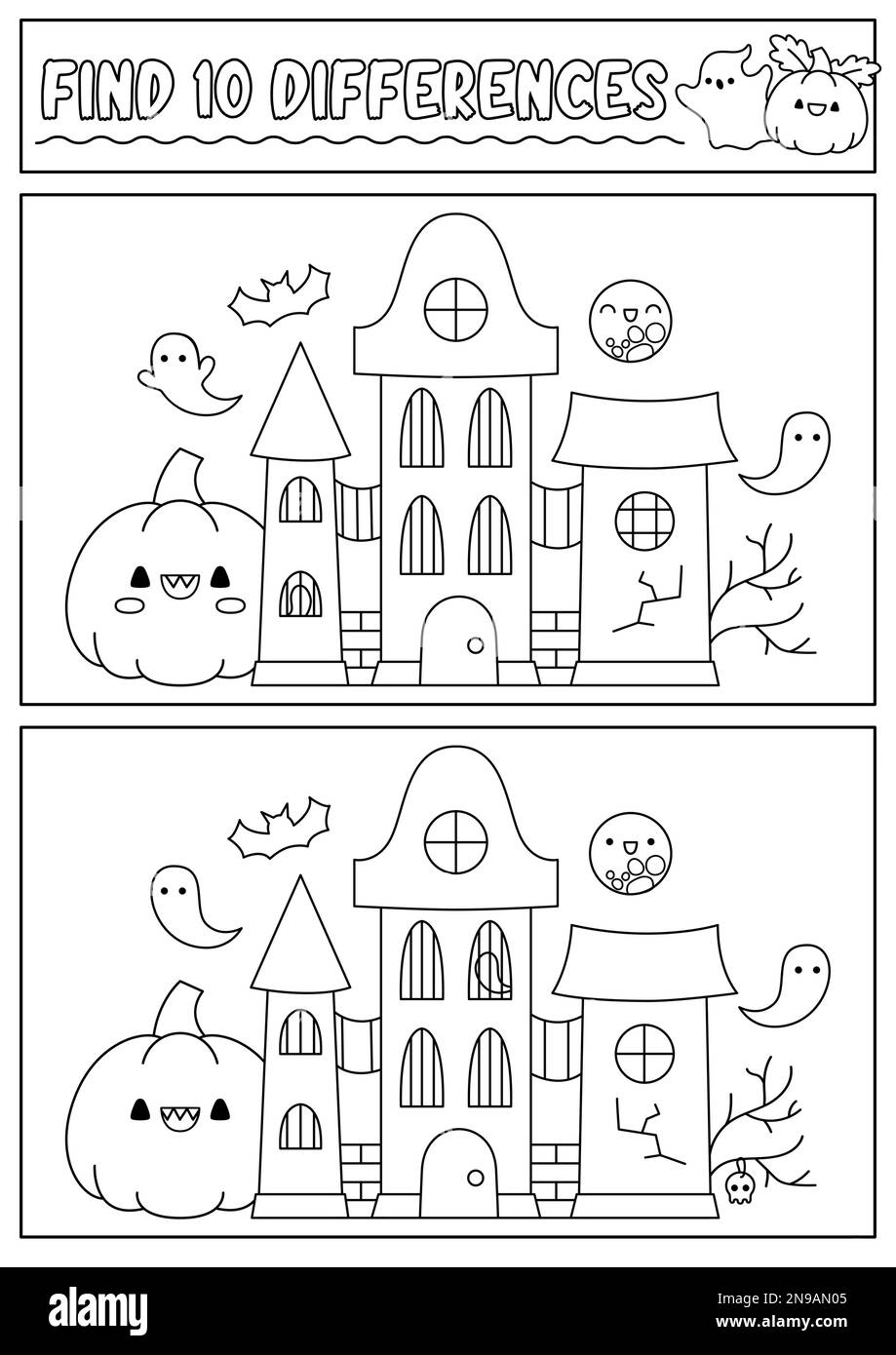 Halloween black and white find differences game for children. Attention ...