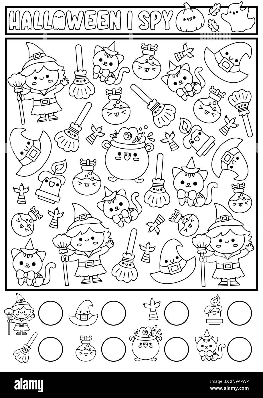 Halloween black and white I spy game for kids. Searching and counting line activity with cute kawaii witch. Scary autumn printable worksheet for presc Stock Vector