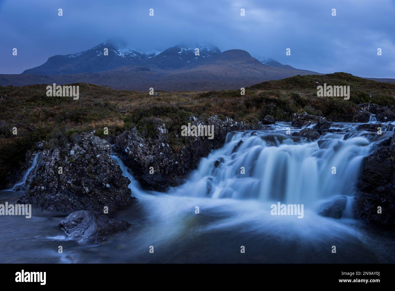 Sligachan waterfall and the Cuillin Mountains Stock Photo