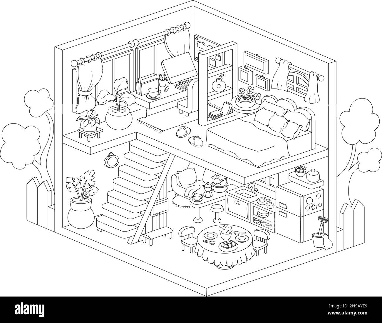 Doll House Drawing and Coloring - How to Draw Cute House 