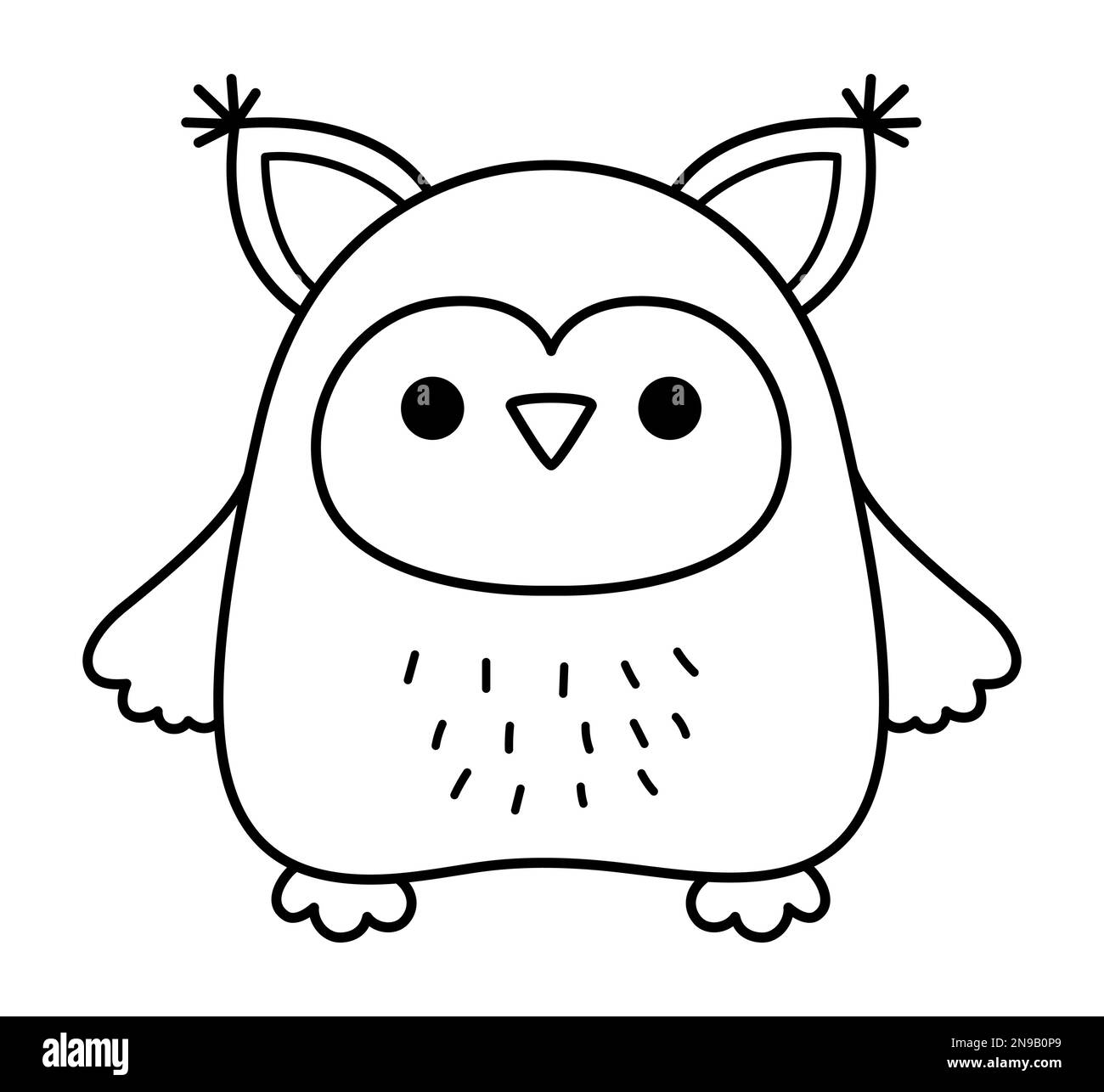 Vector black and white kawaii owl. Cute woodland animal character