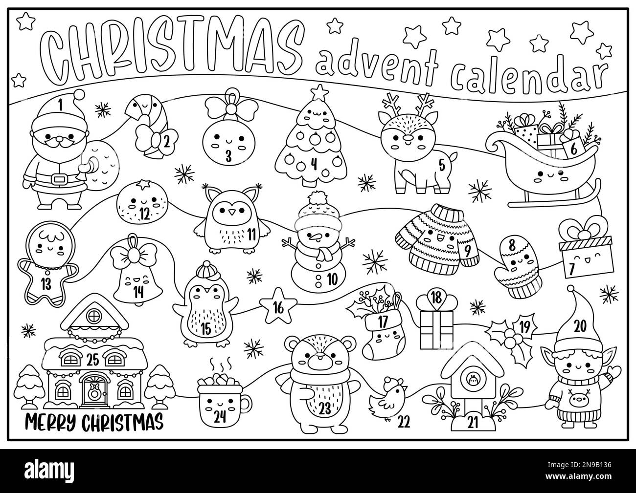 Vector black and white Christmas maze like advent countdown calendar with holiday symbols. Line kawaii winter planner for kids. Festive New Year color Stock Vector