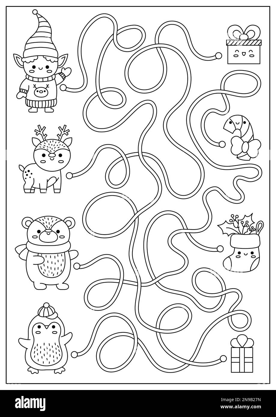 Christmas black and white maze for kids. Winter line holiday preschool printable activity with cute kawaii elf, bear, deer, penguin and presents. New Stock Vector
