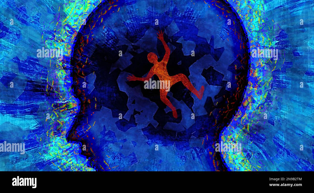 inner self red figure falling into blue profile head breaking down into