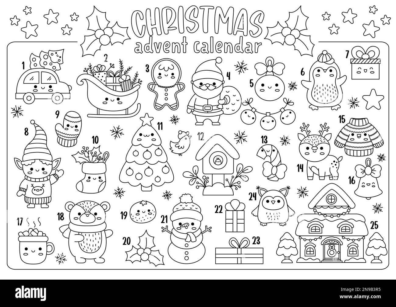 Vector black and white Christmas advent countdown calendar with 