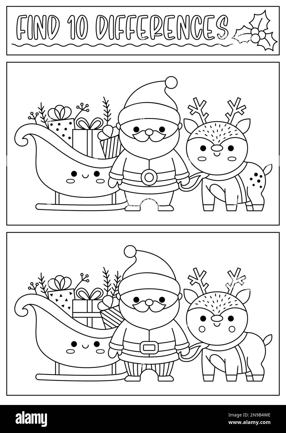Christmas black and white find differences game for children. Attention skills activity with cute Santa Claus, sledge, deer. New Year line puzzle or c Stock Vector Image & Art - Alamy for Free Christmas Spot The Difference Printable
