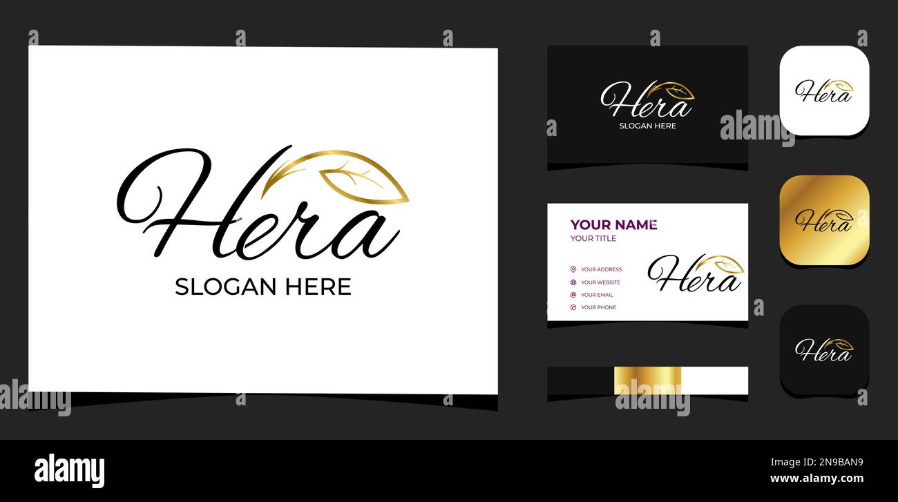 Template Logo Creative Logo Type HERA and gold leaf in beauty industry. Creative Template with color pallet, visual branding, business card and icon. Stock Vector