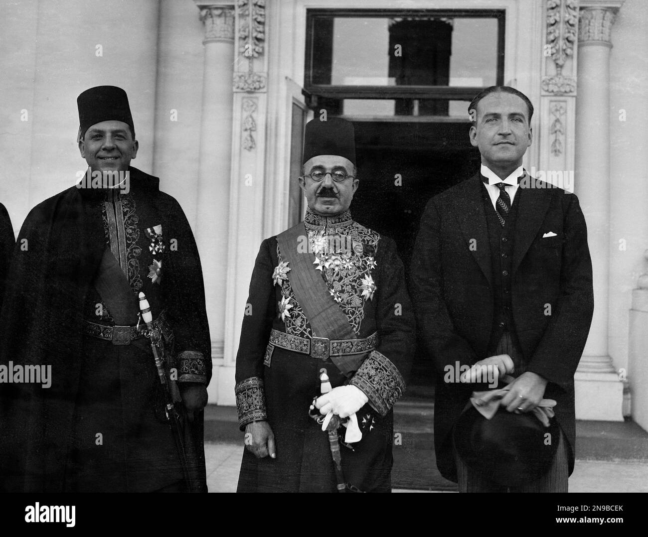 Sesostris Sidarous Pasha, the new Egyptian minister to the United States,  presented his credentials to President Hoover, Aug. 14, 1931. He is with  Aly Ismail Bey, first secretary of the legation, left,