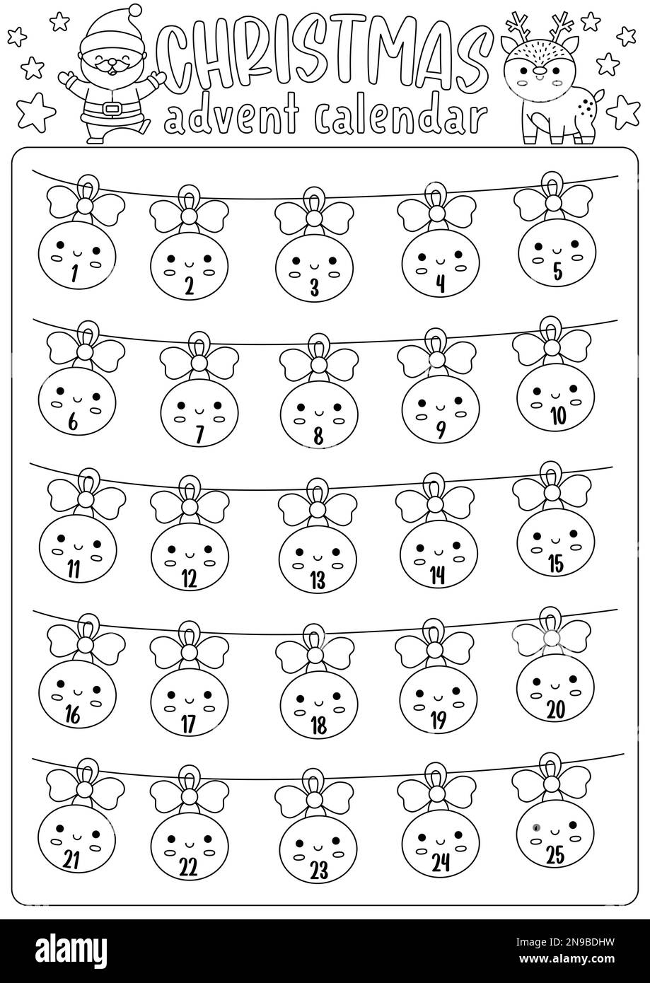 Vector black and white Christmas advent countdown calendar with traditional holiday decorations
