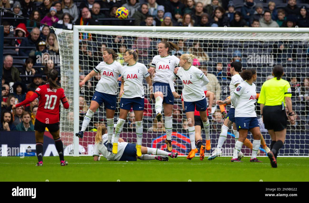 London, UK. 12th Feb, 2023. London, England, February 12th 2023: Katie Zelem (10 Manchester United) shoots from a free-kick during the Barclays FA Women's Super League football match between Tottenham Hotspur and Manchester United at the Tottenham Hotspur Stadium in London, England. (James Whitehead/SPP) Credit: SPP Sport Press Photo. /Alamy Live News Stock Photo