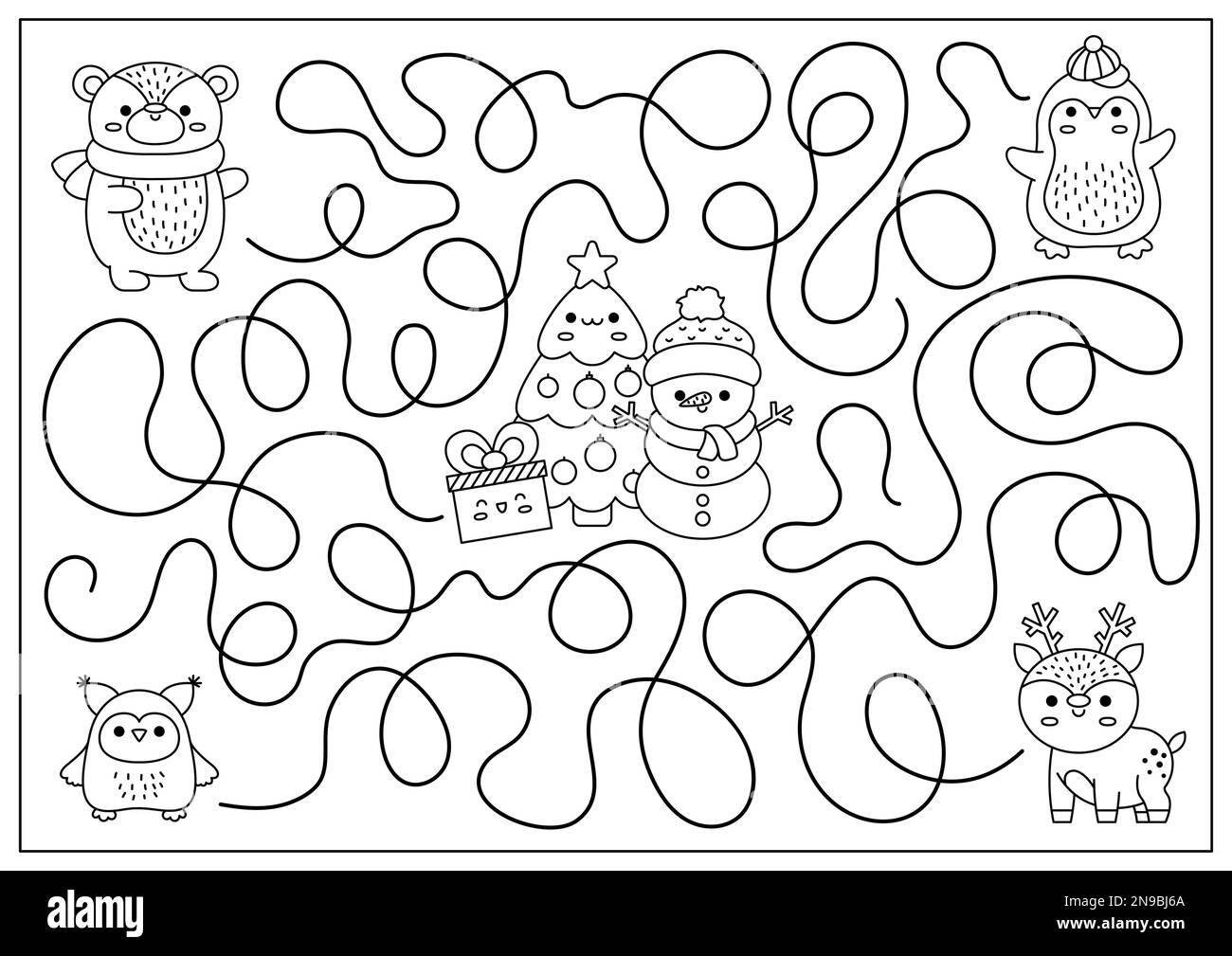 Christmas black and white maze for kids. Winter line holiday preschool printable activity with cute kawaii deer, penguin, bear, tree, snowman. New Yea Stock Vector