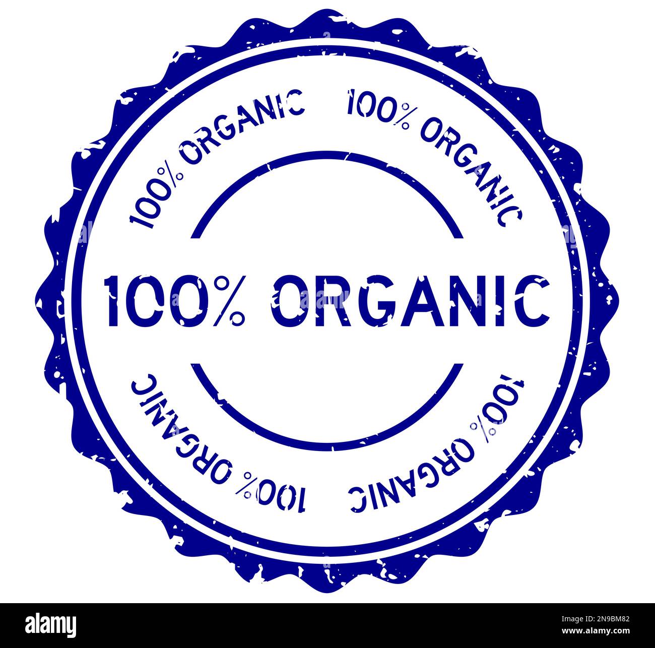 Grunge blue 100 percent organic word round rubber seal stamp on white ...