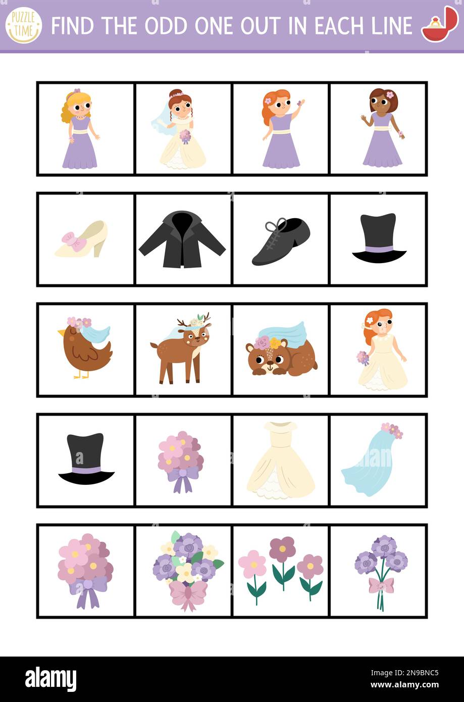 Find the odd one out. Wedding logical activity for children. Marriage ceremony educational quiz worksheet for kids for attention skills. Simple printa Stock Vector