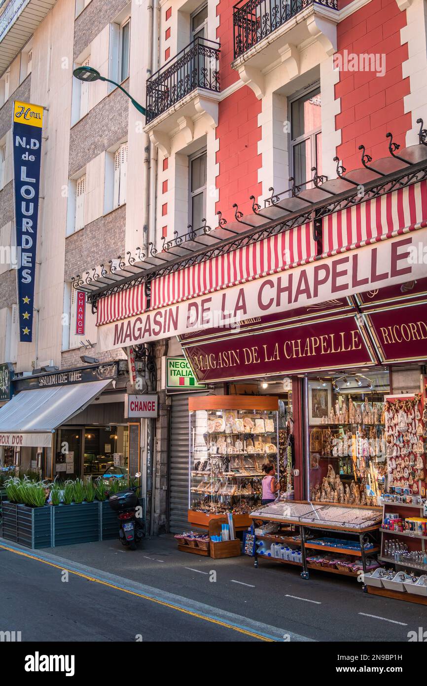 Lourdes, France August 28, 2021 Shops and stores selling religious