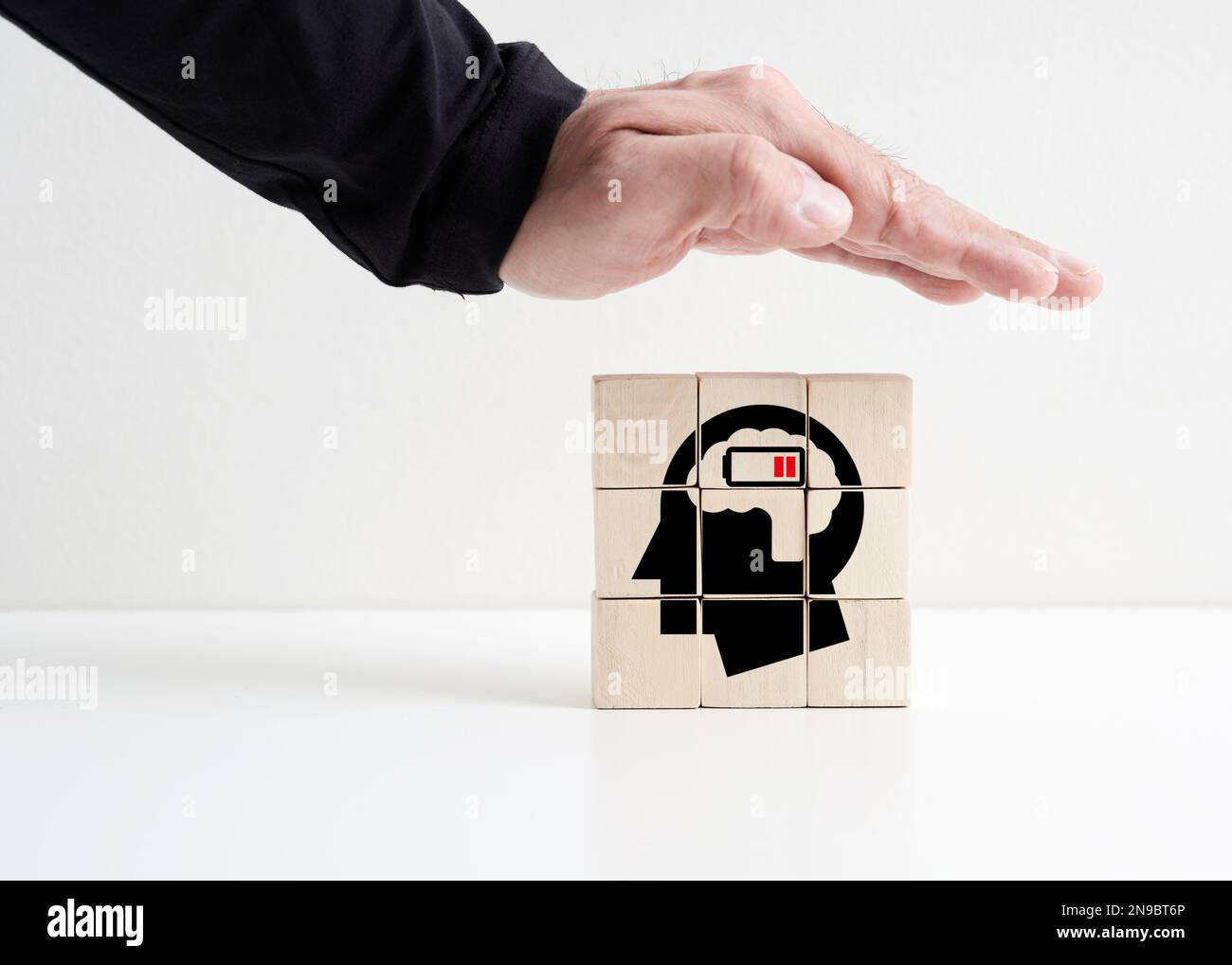 Protection from low mental energy, fatigue or mental exhaustion syndrome concept. Burnout syndrome and supporting mental health at work. Stock Photo