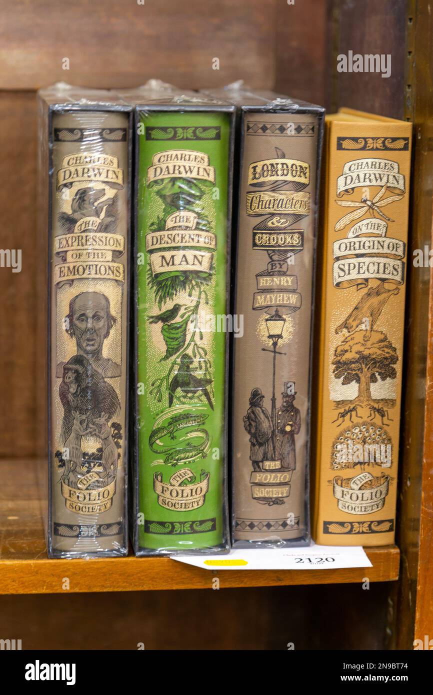 Folio Society books including Charles Darwin Origin of Species on display at auction Stock Photo
