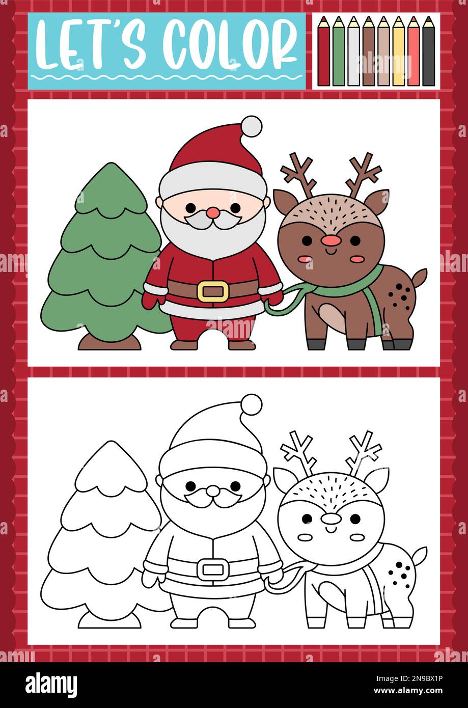 Christmas coloring page for children - Christmas Coloring Page For Children With Cute Kawaii Tree Santa Claus Deer Vector Winter Holiday Outline Illustration Color Book For Kids With Ex 2N9BX1P