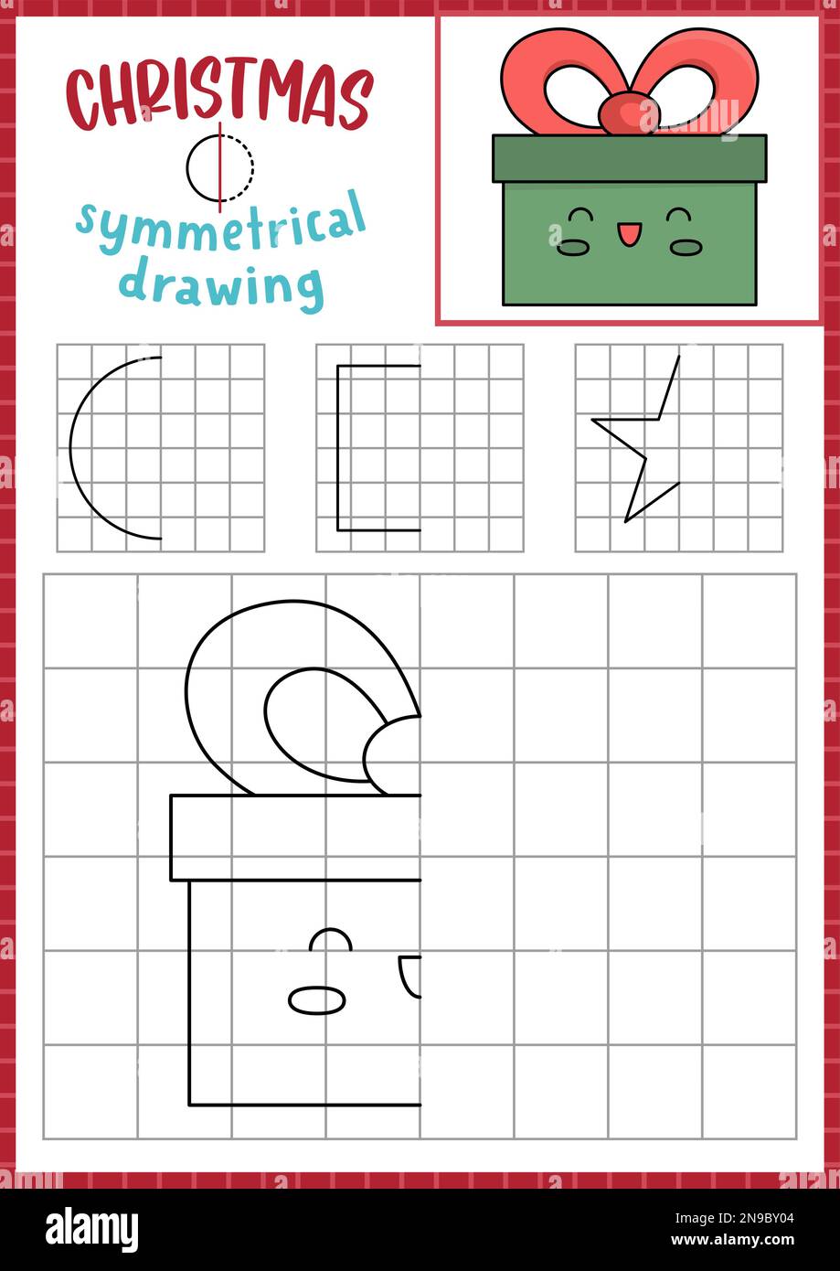 holiday symmetrical drawing worksheet with cute kawaii present complete christmas birthday gift box picture vector writing practice worksheet prin 2N9BY04 christmas symmetrical drawing worksheet. complete santa claus