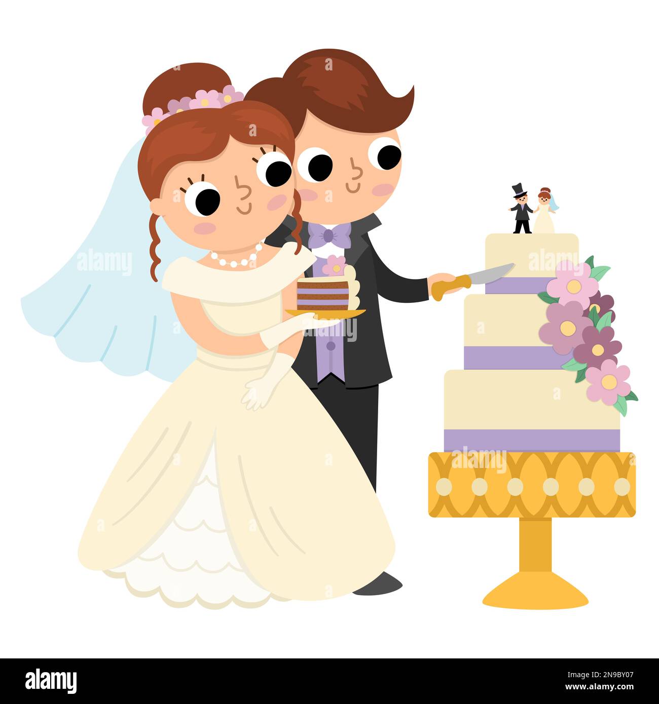 Vector illustration with bride and groom cutting the cake. Cute just married couple. Wedding ceremony icon. Cartoon marriage scene with newly married Stock Vector