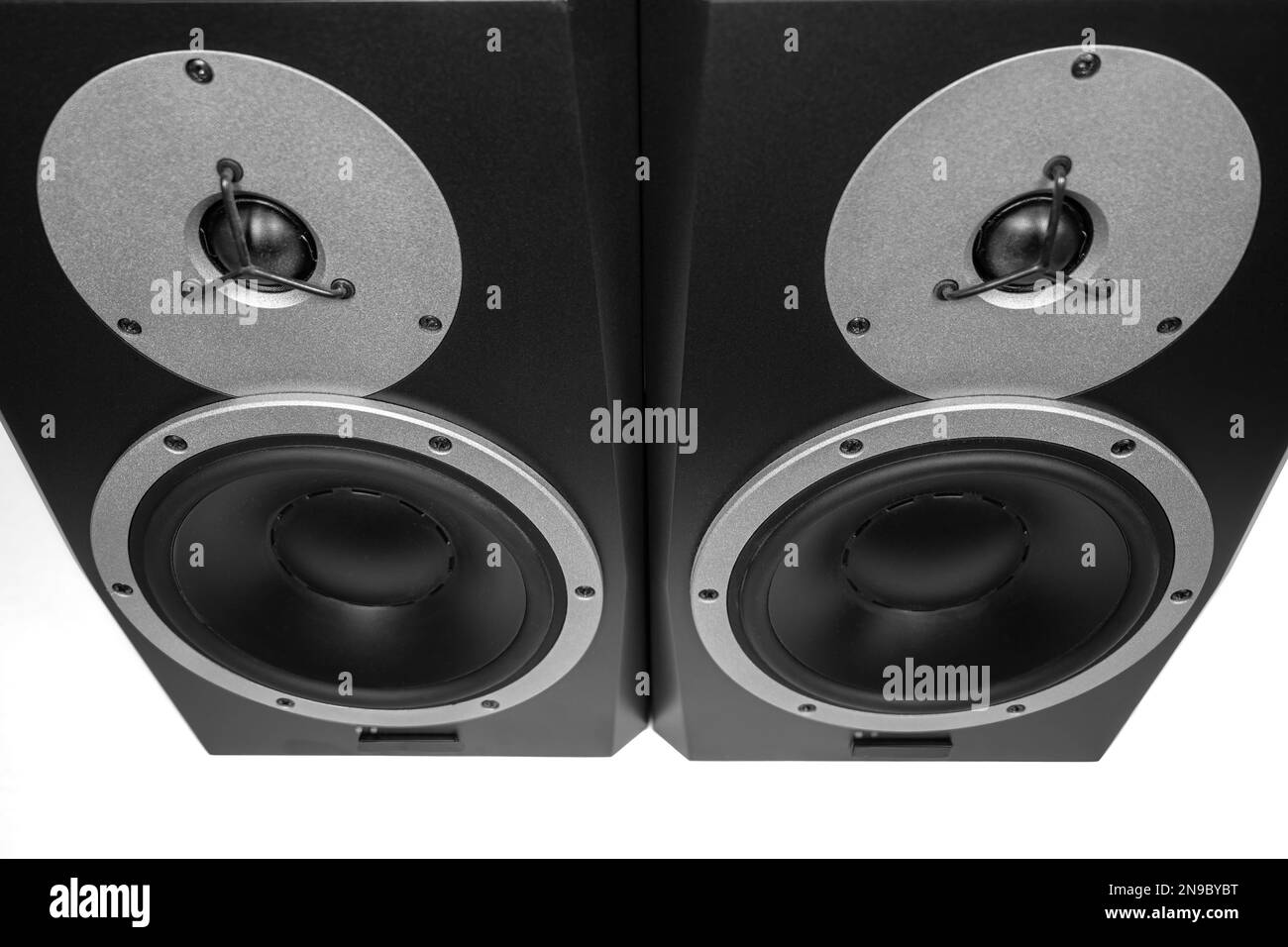 Two black audio speakers and studio monitors, musical equipment. Stock Photo