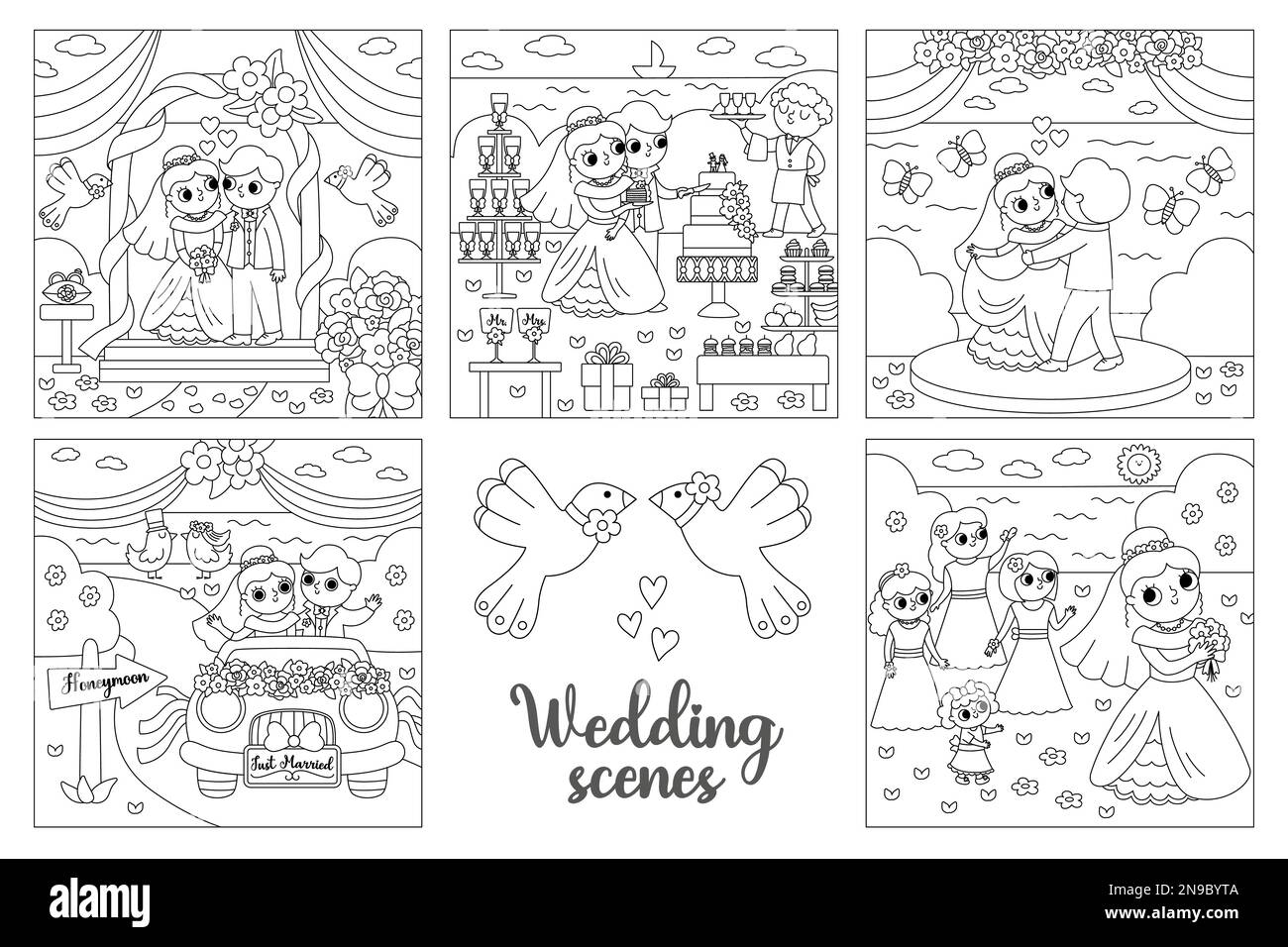 Vector black and white wedding scenes set. Cute line just married couple. Marriage ceremony landscapes coloring pages with bride and groom. Husband, w Stock Vector