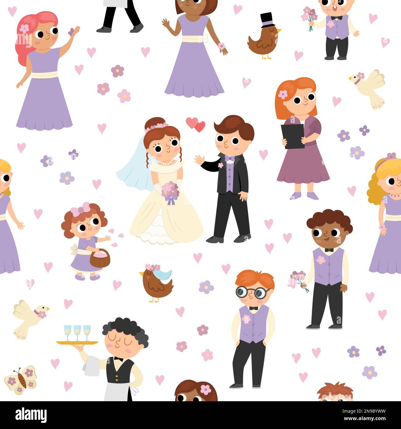Vector seamless pattern with bride, groom and their guests. Cute just married repeat background with bridesmaids, bridegrooms, children, waiter, regis Stock Vector