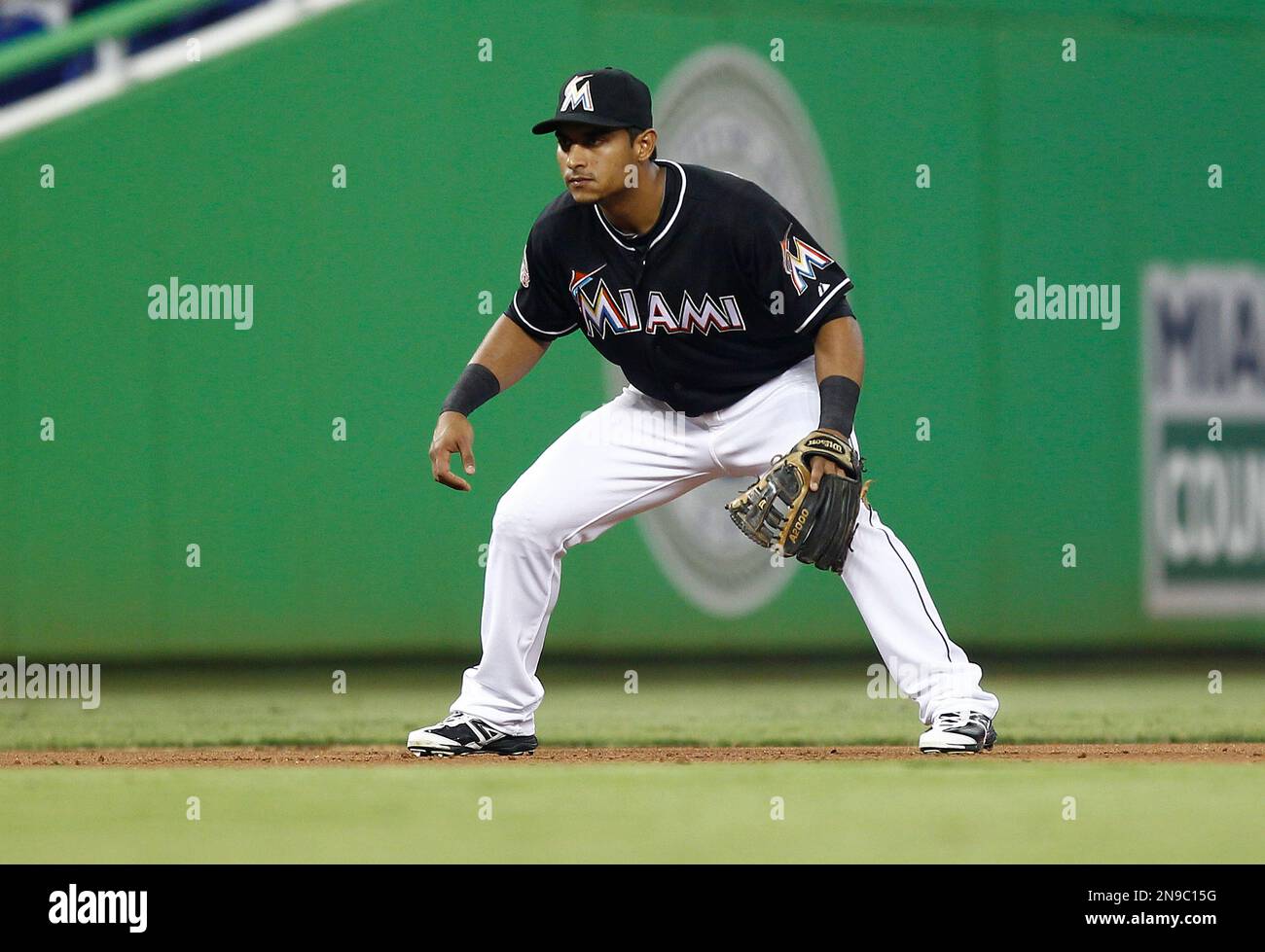 Miami Marlins third baseman Donovan Solano during a MLB baseball game in  Miami, Friday, July 27, 2012 against the San Diego Padres. The Padres won  7-2. (AP Photo/J Pat Carter Stock Photo - Alamy