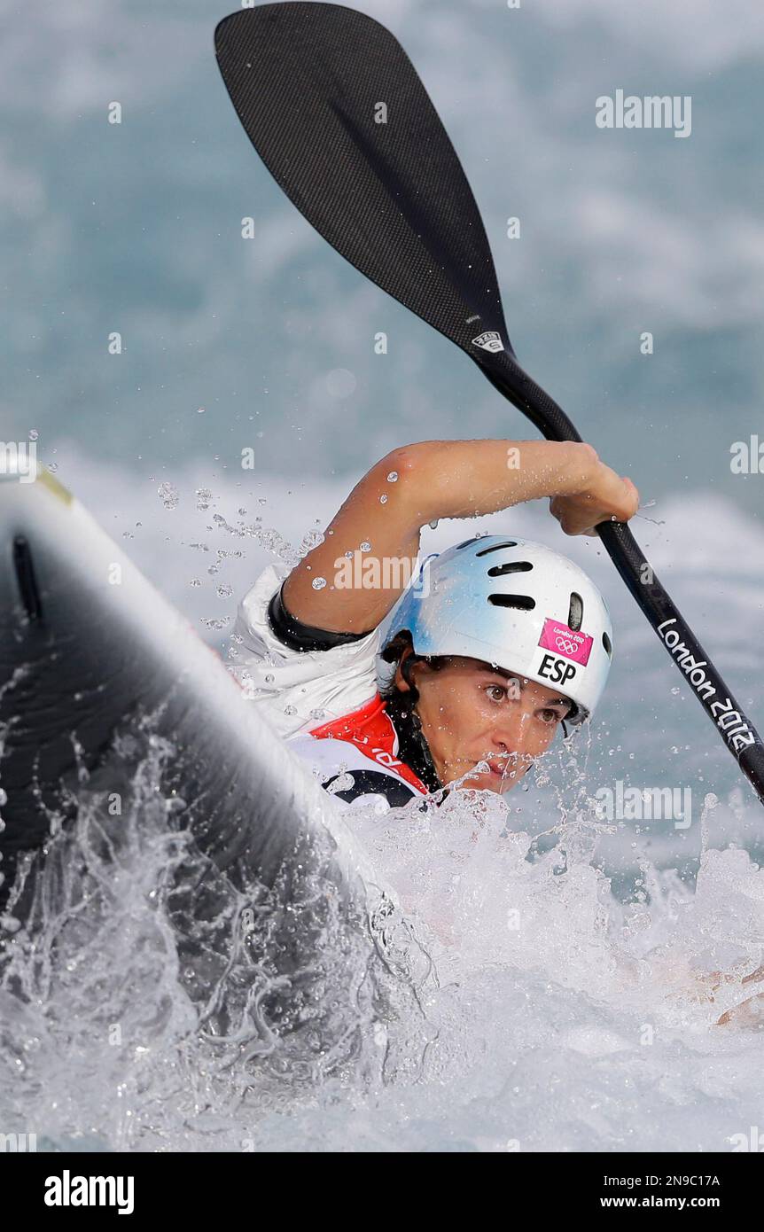 Spain's Maialen Chourraut competes in the women's K-1 kayak slalom heats at  the Lee Valley