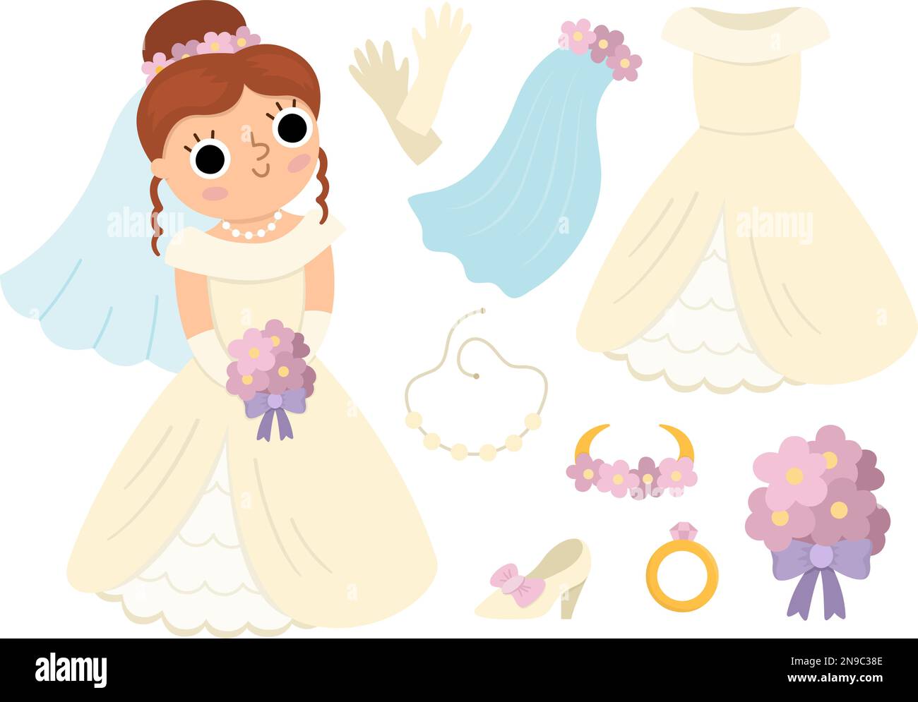 Vector bride clothes set. Cute just married girl with dress, accessory. Wedding ceremony icon. Cartoon marriage newly married woman, veil, shoe, bouqu Stock Vector