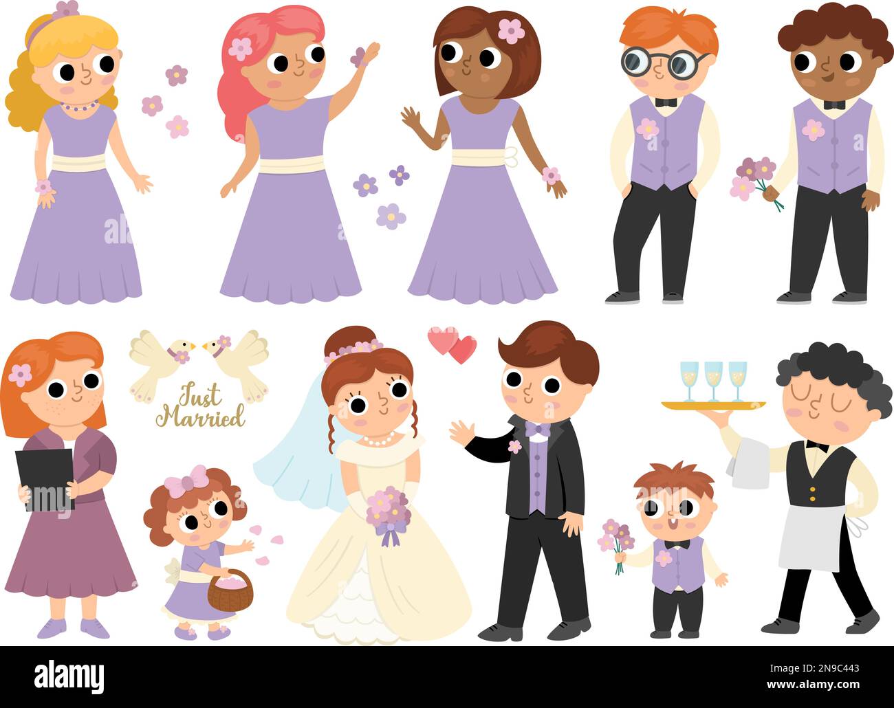 Vector set with bride, groom and their guests. Cute just married couple with bridesmaids, bridegrooms, children, waiter, registrar. Wedding ceremony i Stock Vector