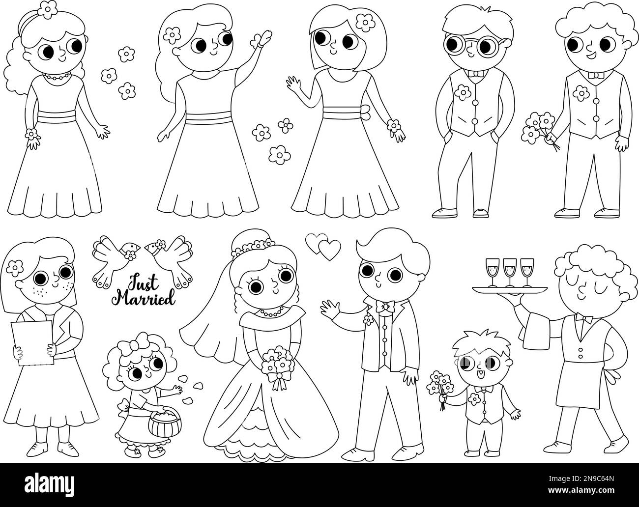 Vector black and white set with bride, groom and their guests. Cute just married couple with bridesmaids, bridegrooms, children, waiter, registrar. We Stock Vector