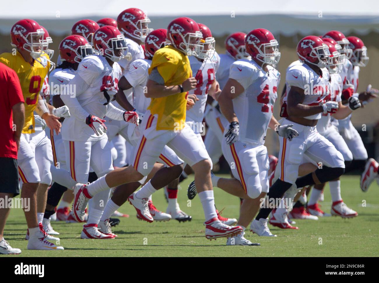 Kansas City Chiefs players work out in full pads during NFL football