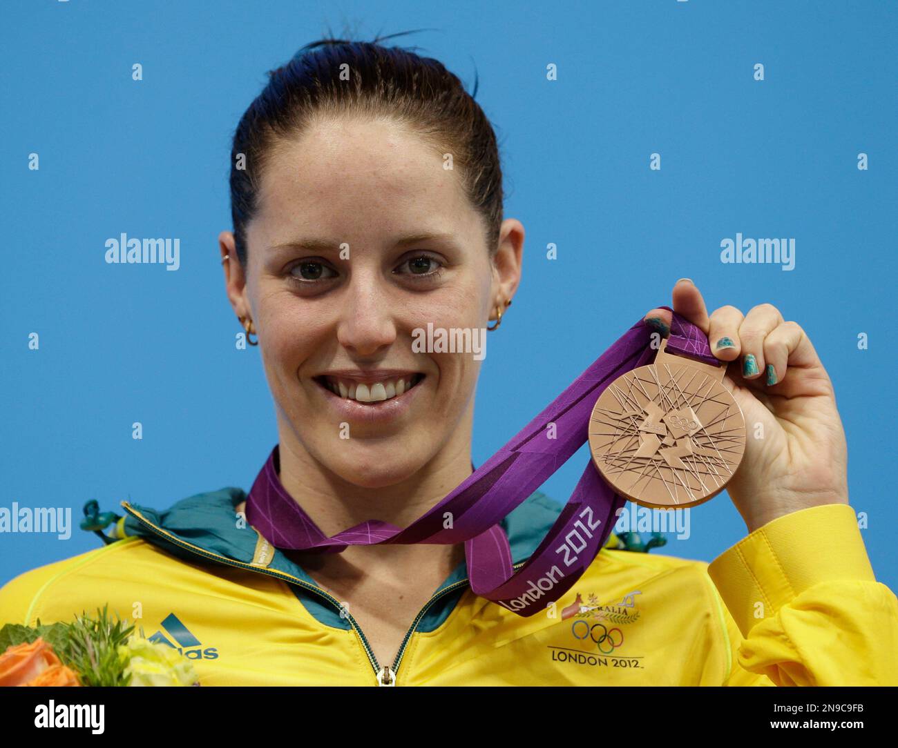 Australia's Alicia Coutts poses with her bronze medal for the women's