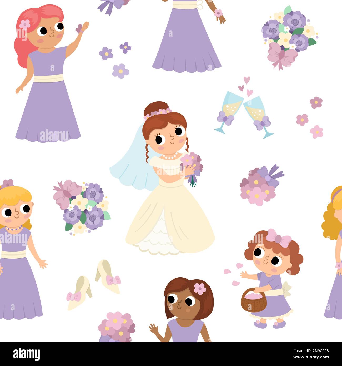 Vector bridal showers seamless pattern with bride, bridesmaids, flower bouquet. Cute repeat background with just married girl and her friends. Wedding Stock Vector