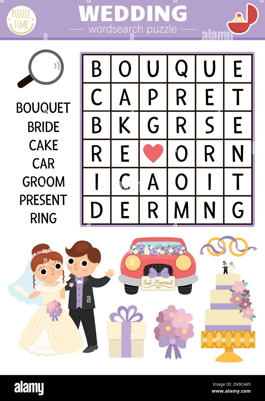 Vector wedding wordsearch puzzle for kids. Simple word search quiz with