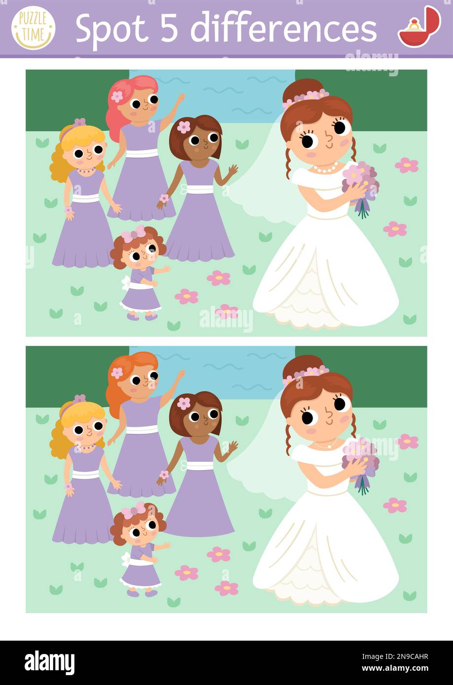 Find differences game for children. Wedding educational activity with