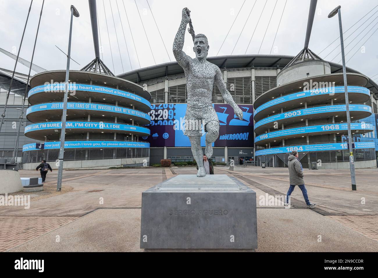 Sergio Agüero statue outside the Edited Stadium during the Premier League match Manchester City