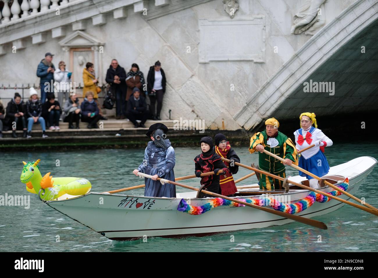 Venetians take part in the masquerade parade on the Grand Canal during the Venice carnival, in Venice, Italy February 5, 2023. Stock Photo