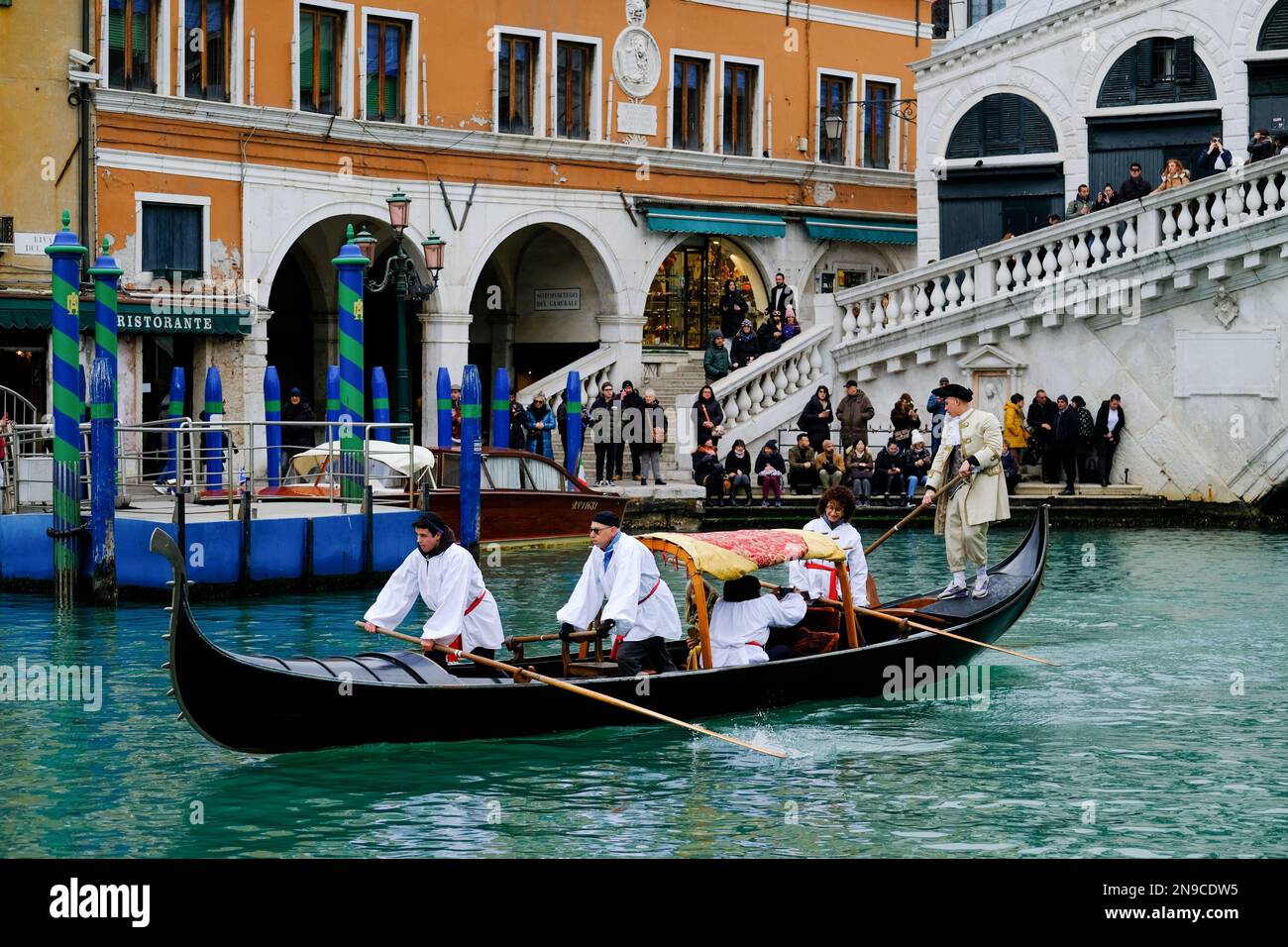 Venetians take part in the masquerade parade on the Grand Canal during the Venice carnival, in Venice, Italy February 5, 2023. Stock Photo